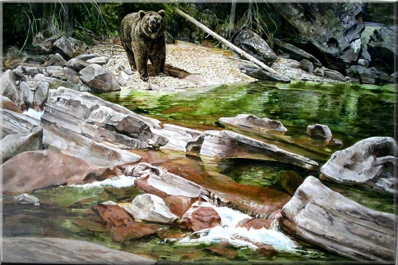 Bear by a forest stream