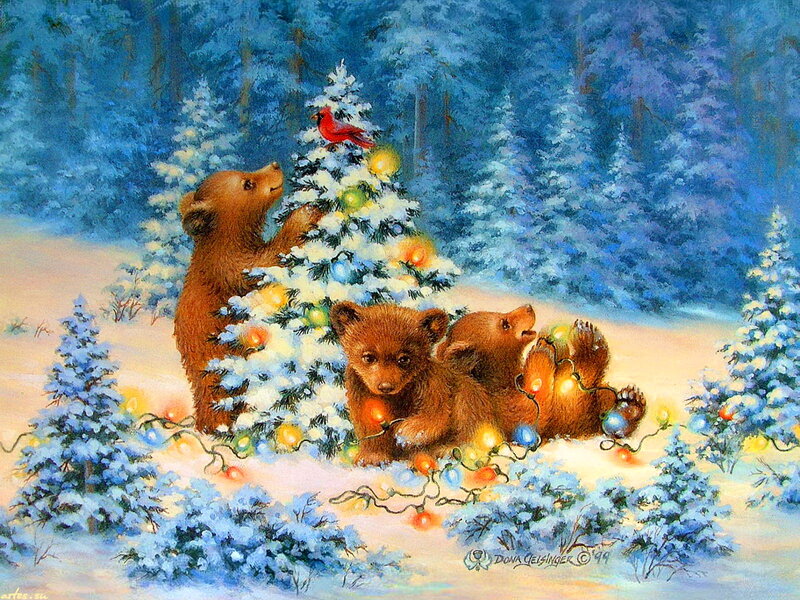 Bear Cubs Decorating Tree — Blue