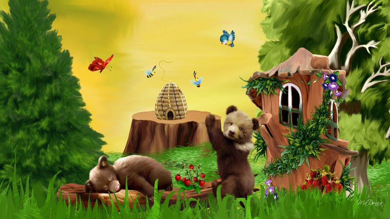 Bear Cubs in Forest — Green, Peaceful