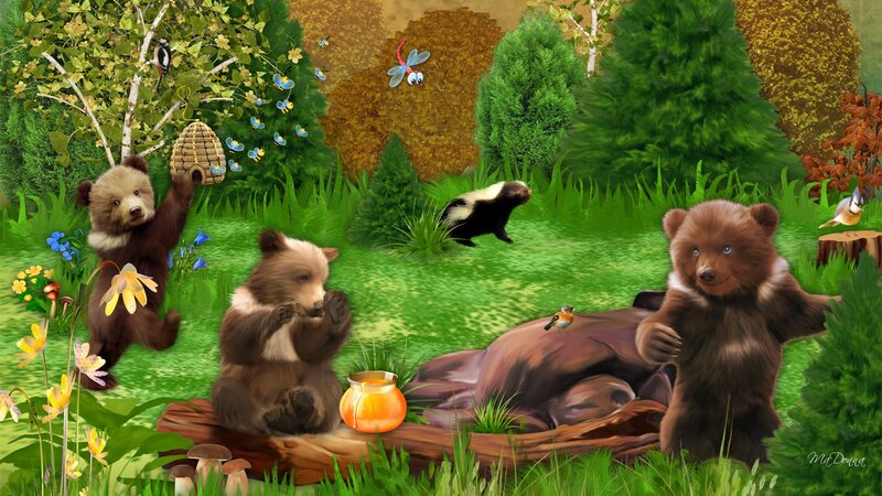 Bear Cubs in Forest — Green, Playful