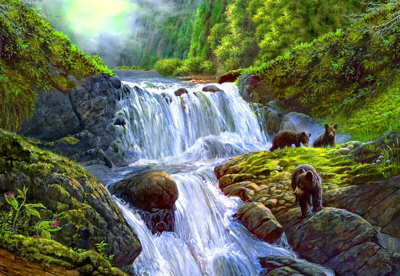 Bear Cubs Near Waterfall