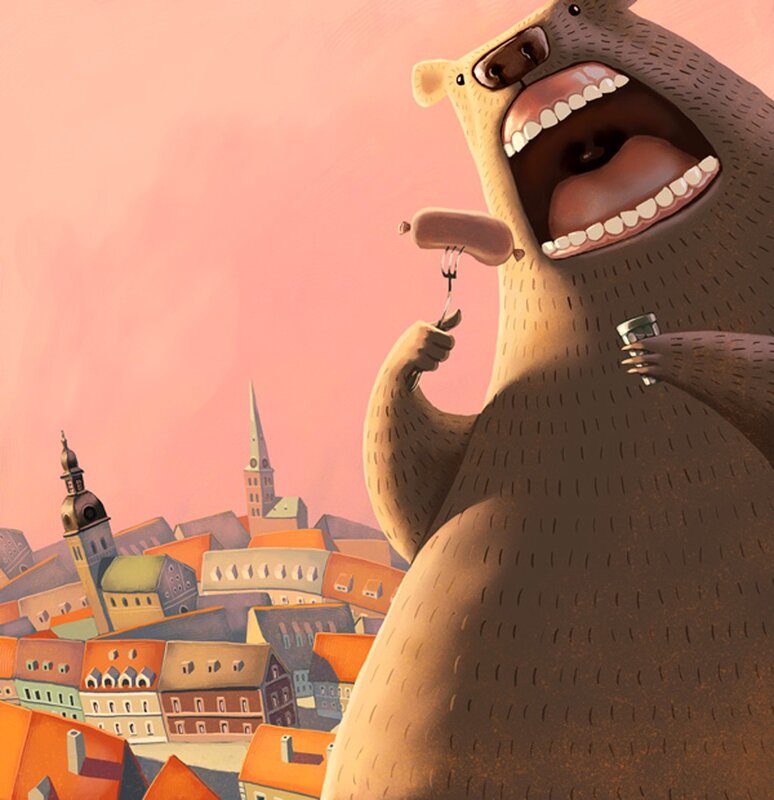 bear eating sausage in city