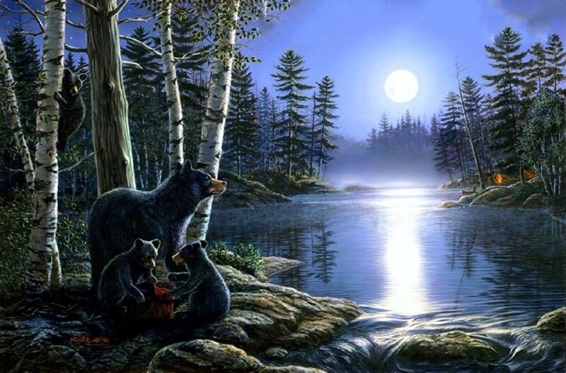Bear Family by Lake — Blue