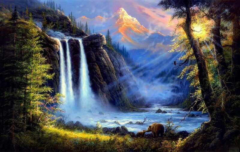 Bear Family by Waterfall — Blue, Serene