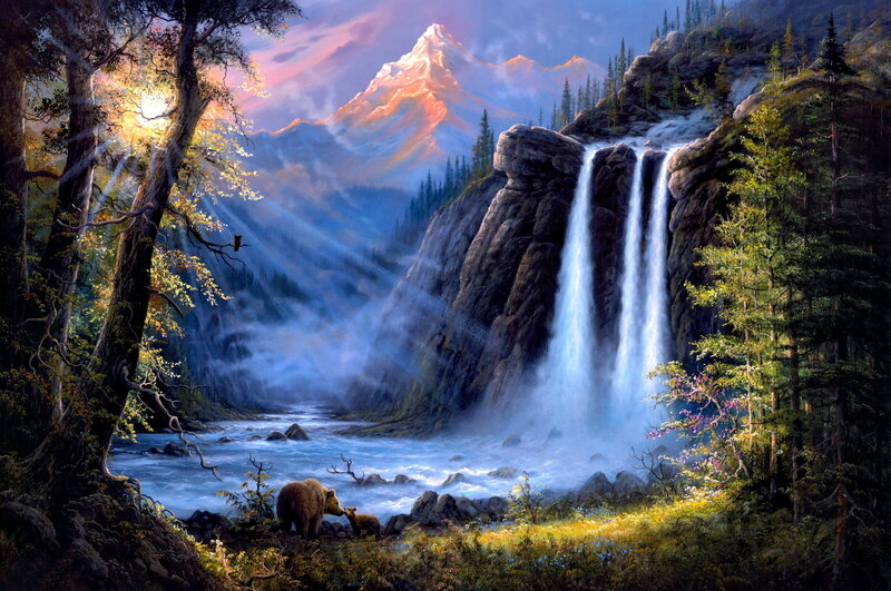 Bear Family by Waterfall — Blue