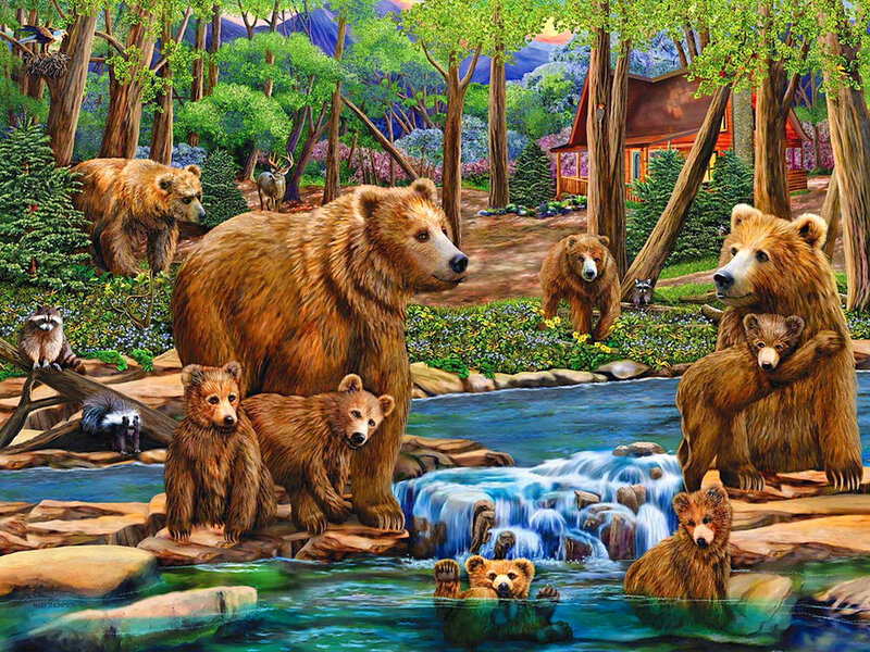 Bear Family in Forest — Brown
