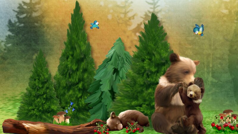 Bear Family in Forest — Green, Peaceful