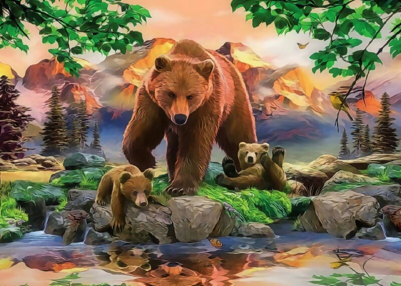 Bear Family in Forest — Green, Serene, Sunset