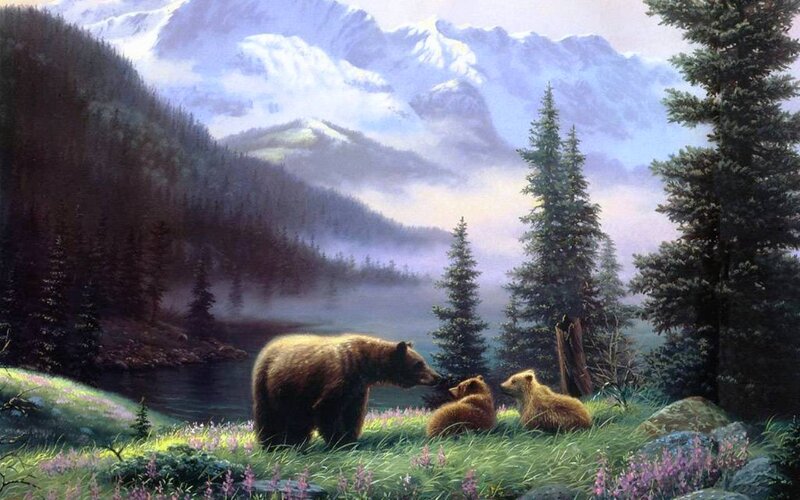Bear Family in Forest — Green, Serene