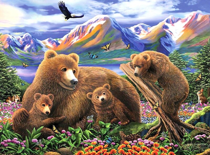 Bear Family in Meadow — Brown