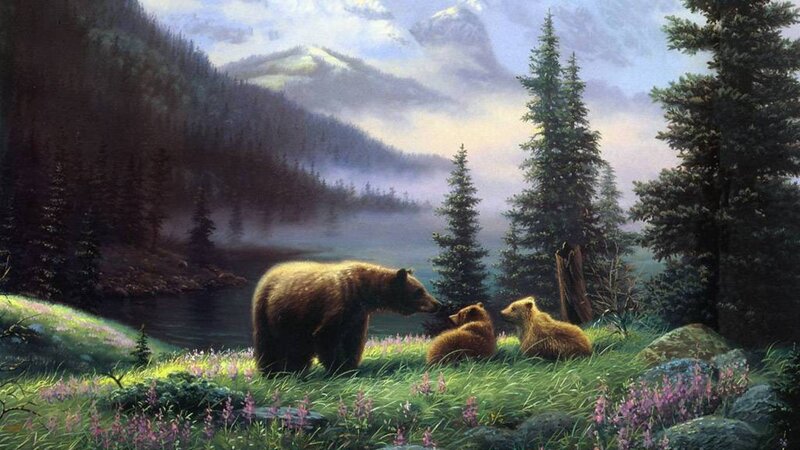 Bear family in mountain meadow