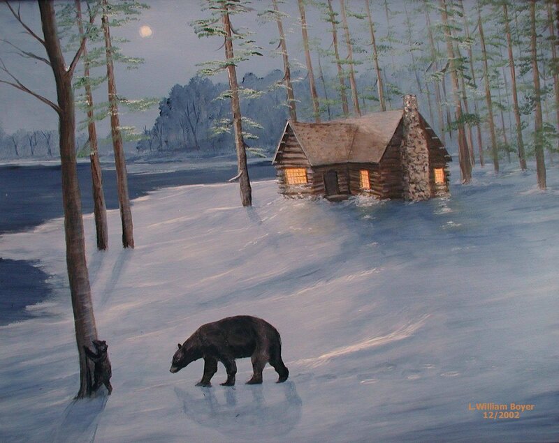 Bear family in snowy forest