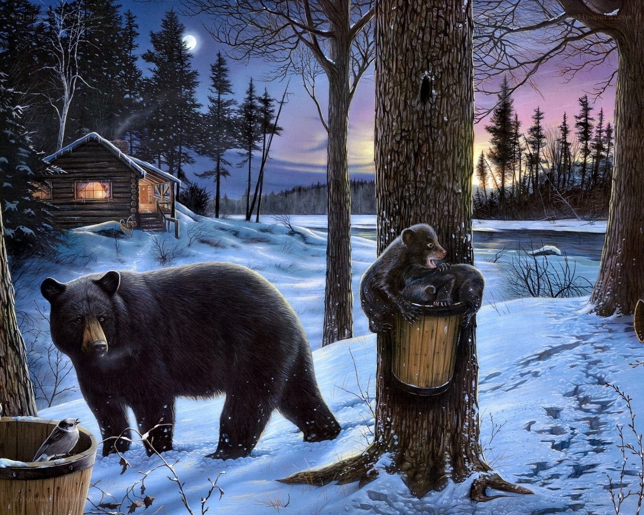 Bear family in winter forest