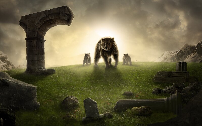 Bear Family on Hill — Green, Dramatic