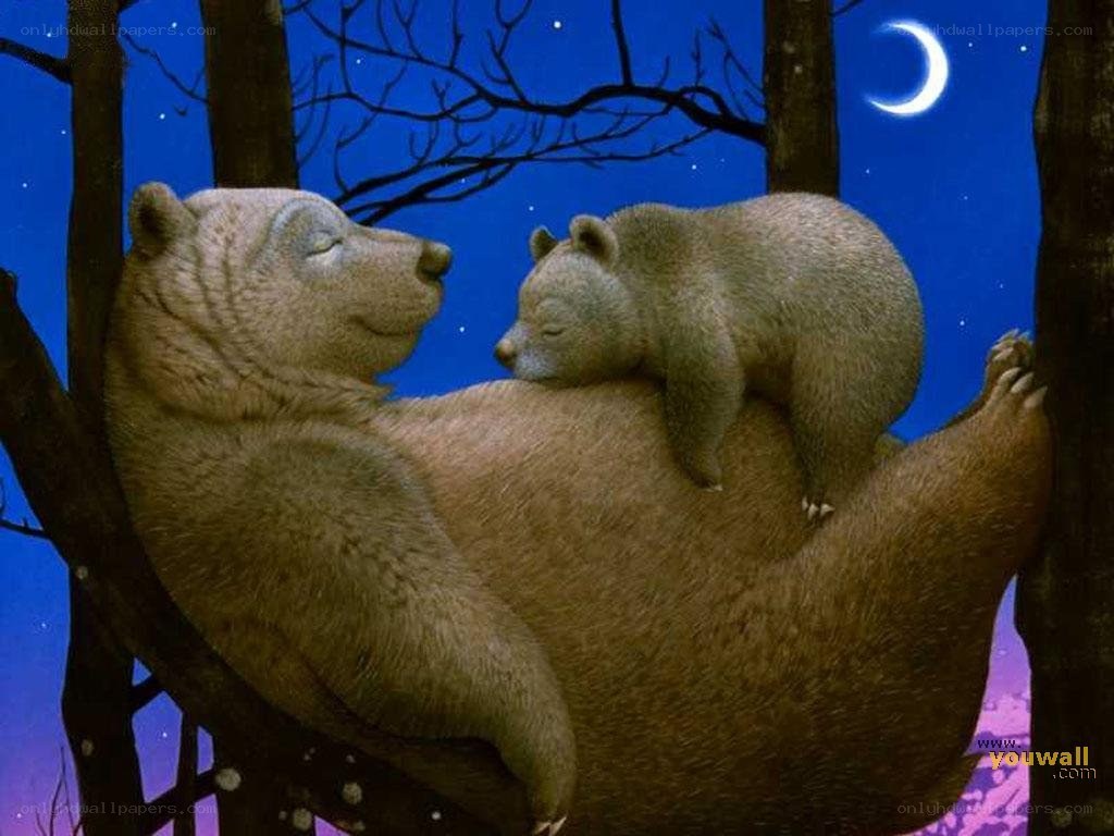 Bear family sleeping in tree