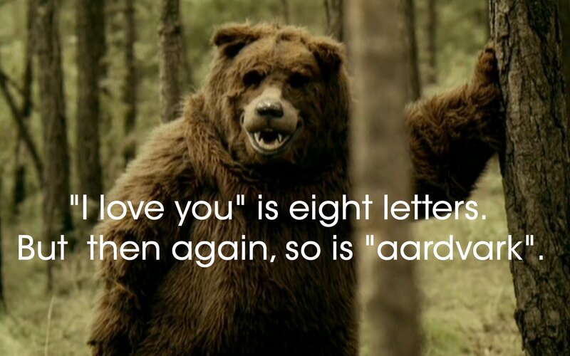 bear in forest with text