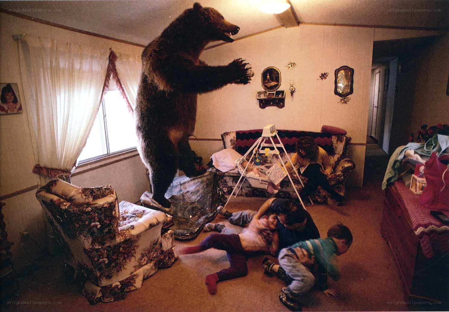 Bear in living room with children
