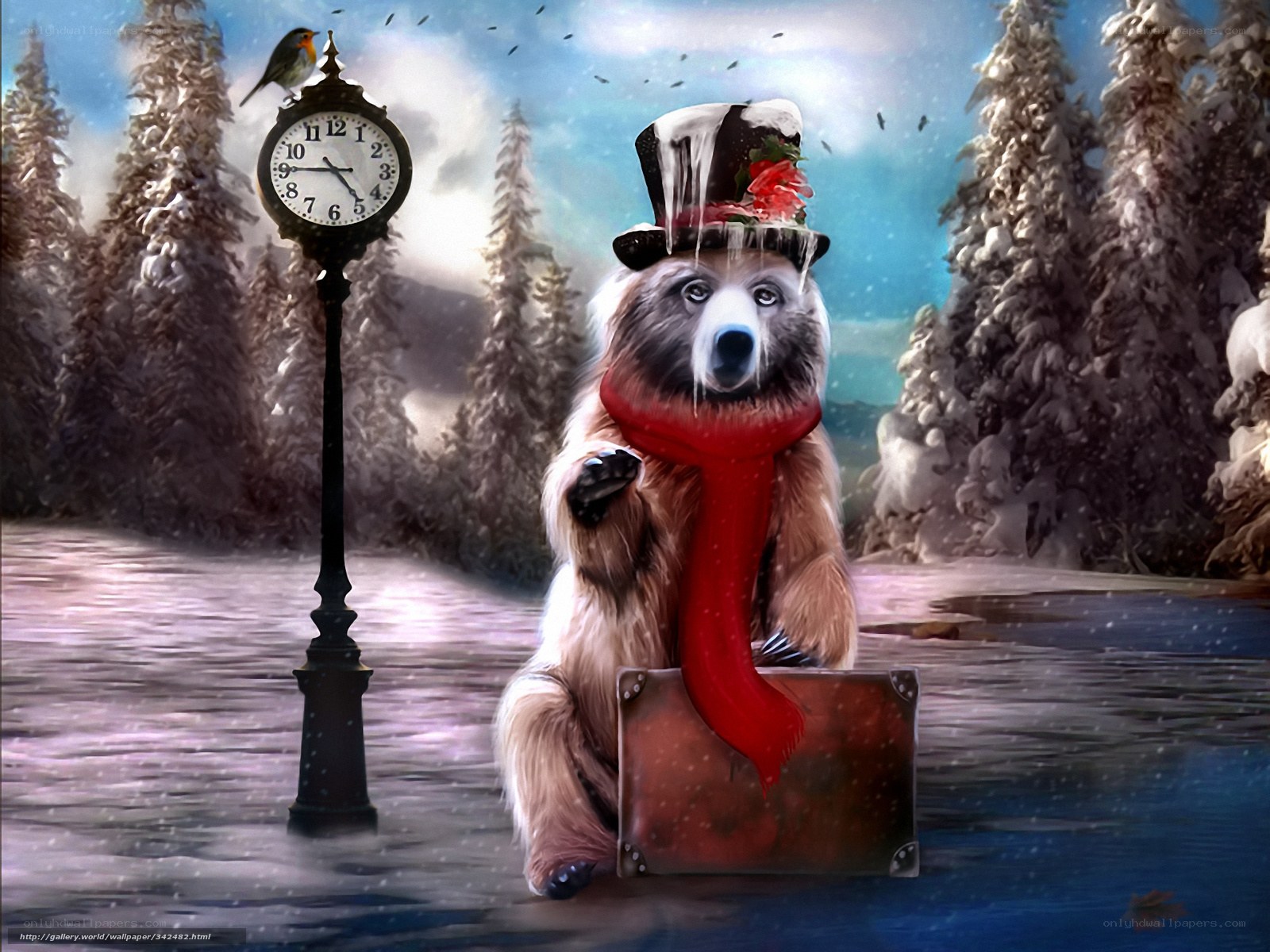 bear in winter with suitcase