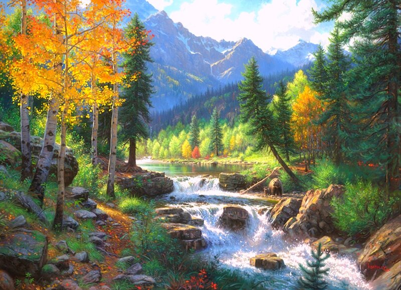 Bear Near Waterfall — Green, Serene