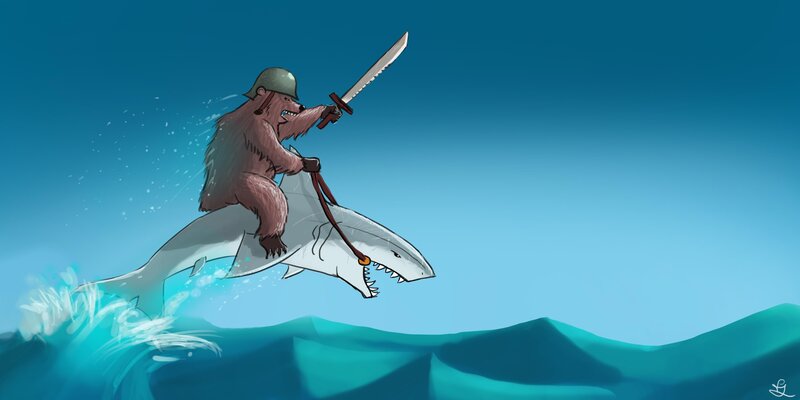 bear riding shark with sword