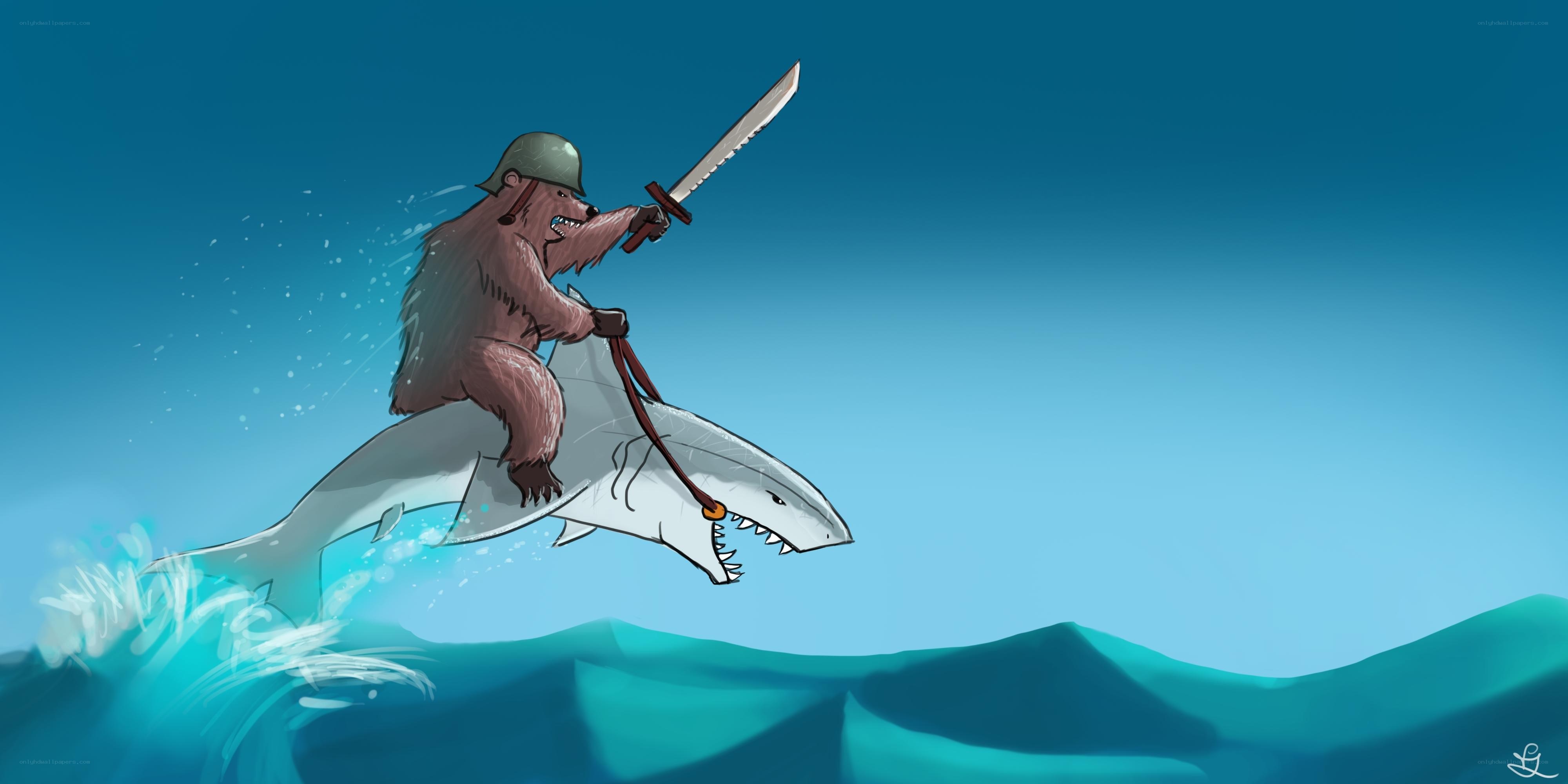 bear riding shark with sword