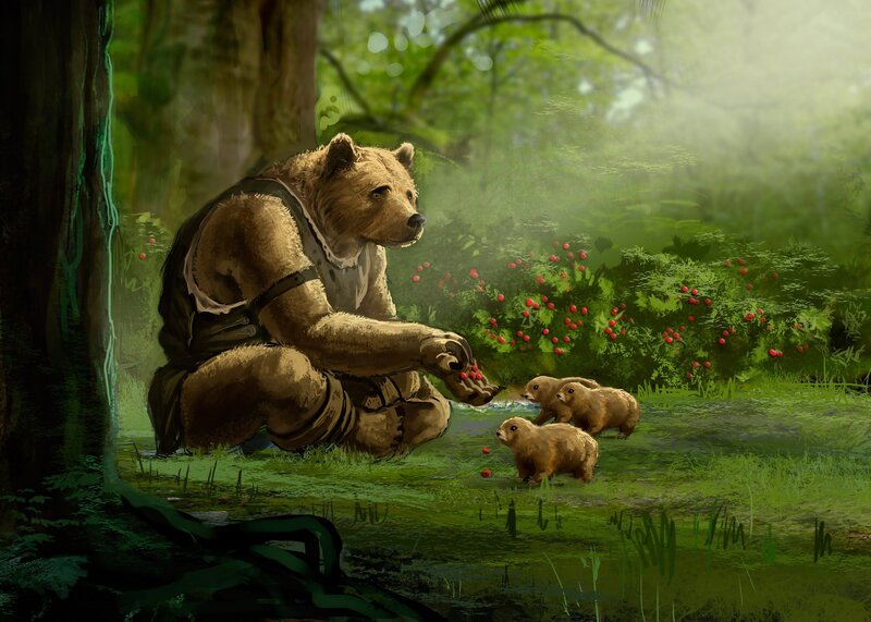 Bear with Cubs in Forest — Green