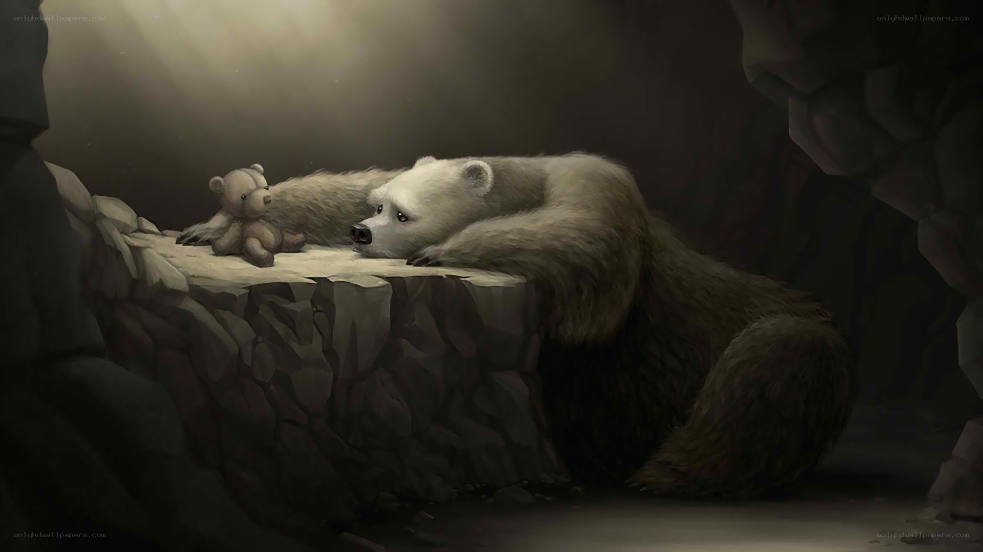 Bear with teddy bear in cave