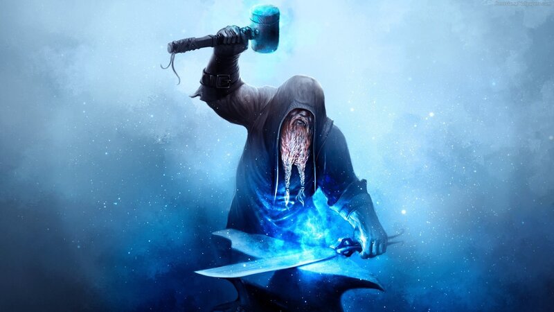 Bearded Blacksmith Forging Sword — Blue, Dramatic