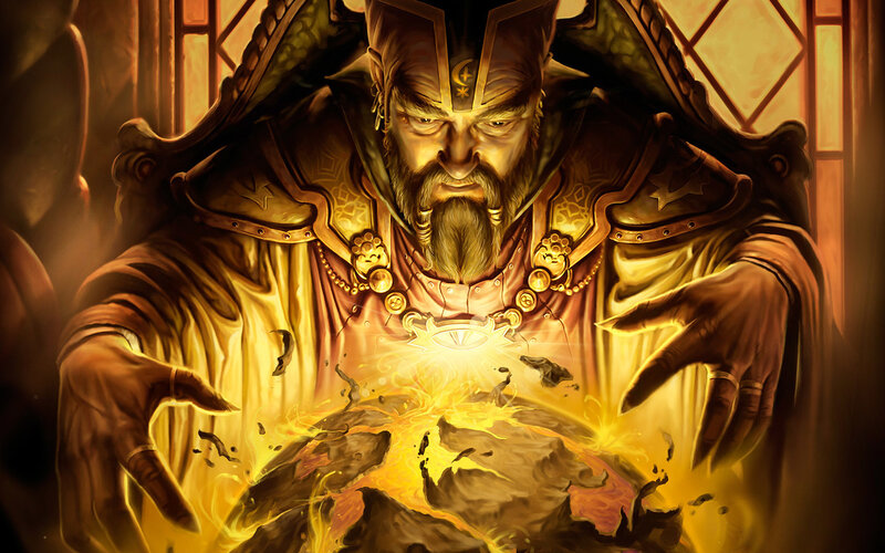 Bearded Man Casting Spell — Gold, Dramatic