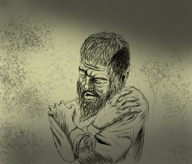 Bearded Man Hugging Himself