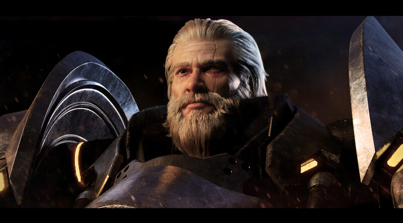 Bearded Man in Armor — Black, Dramatic