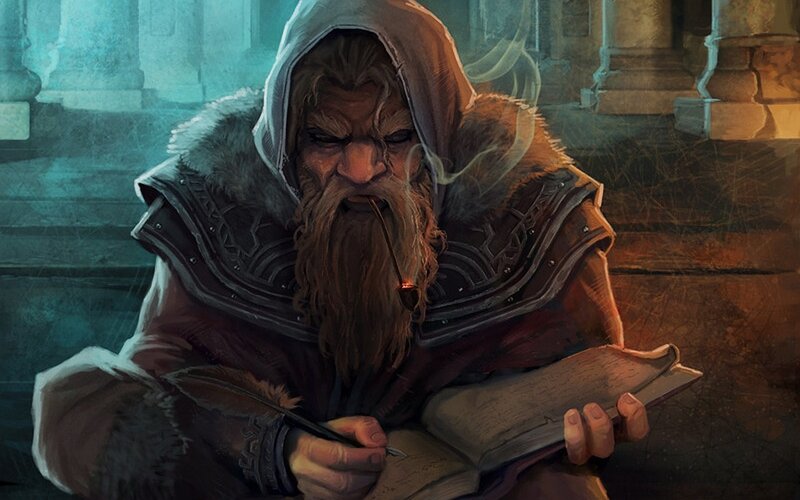 bearded man writing in book