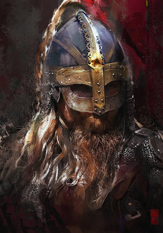 Bearded Warrior in Helmet — Brown, Dramatic