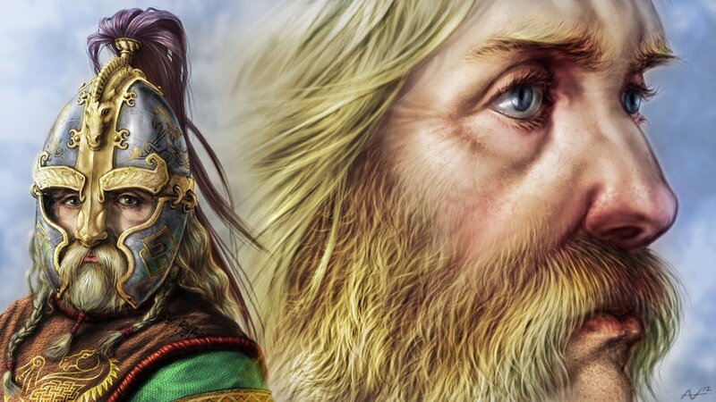 Bearded Warrior in Helmet — Gold, Dramatic