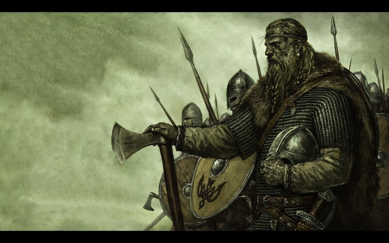 Bearded Warrior with Axe — Green, Dramatic, Digital Art, Chainmail, Shield, Spear, Brown, Gray