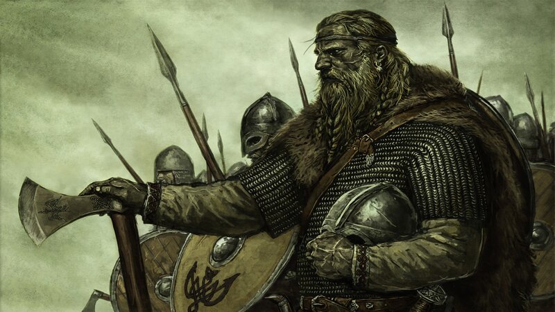 Bearded Warrior with Axe — Green, Dramatic, Digital Art, Chainmail, Shield, Spear, Brown