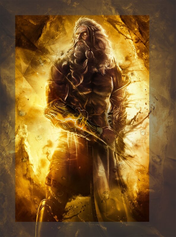 Bearded Warrior with Lightning — Gold, Dramatic, Digital Art, Armor
