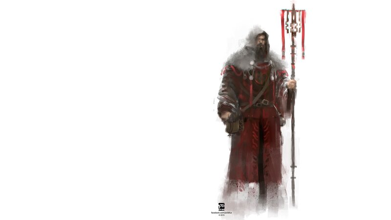 Bearded Warrior with Staff — Red