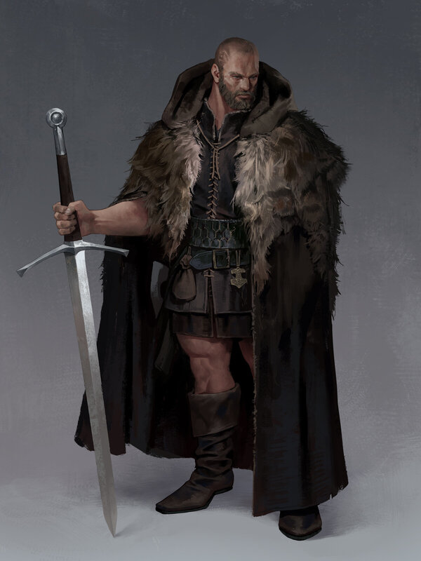 Bearded Warrior with Sword — Gray, Dramatic, Digital Art