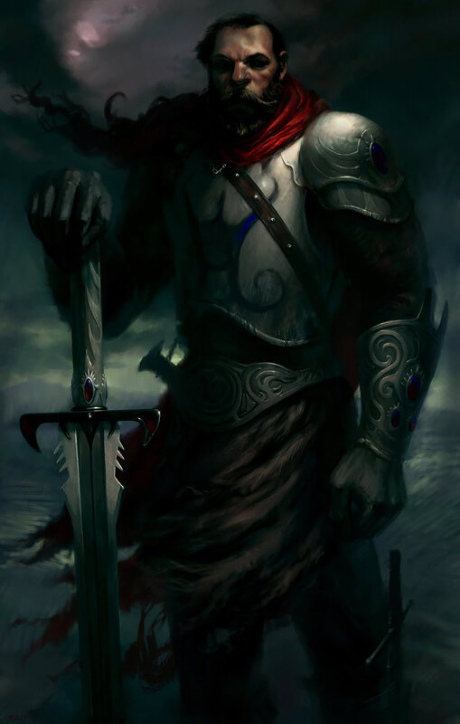 Bearded Warrior with Sword — Gray, Dramatic, Night