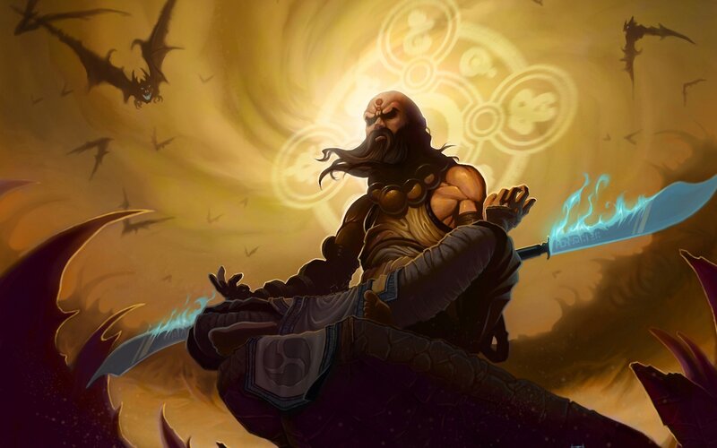 Bearded Warrior with Swords — Yellow, Dramatic, Night