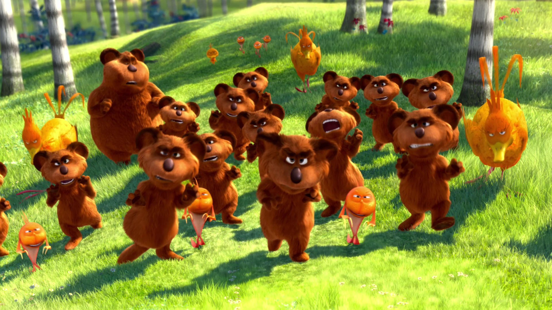 Bears and birds in a field