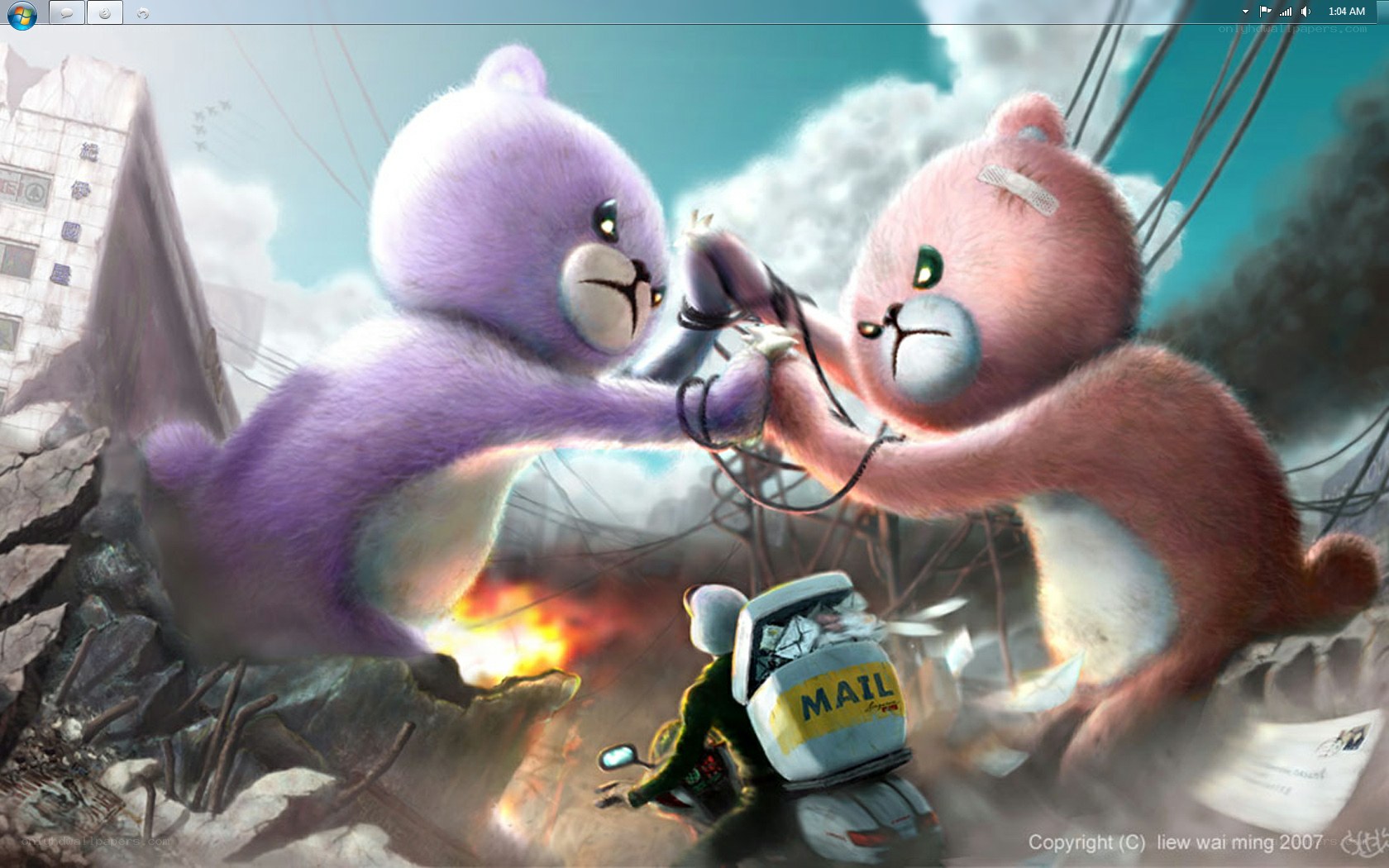 Bears fighting in a destroyed city