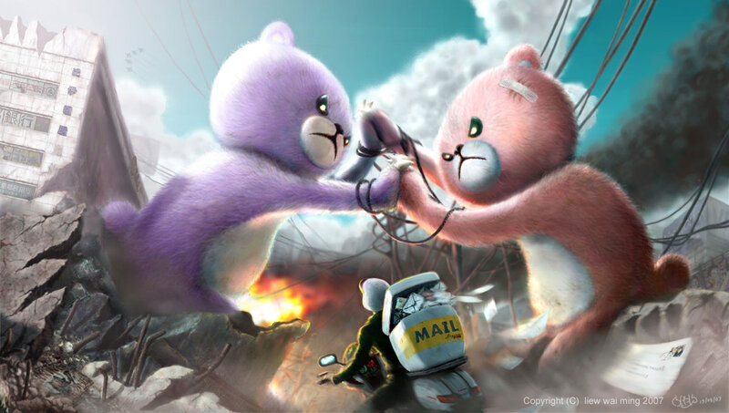 Bears fighting in a war zone