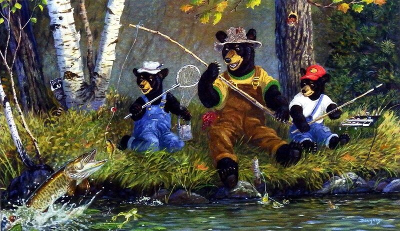 Bears Fishing in Stream