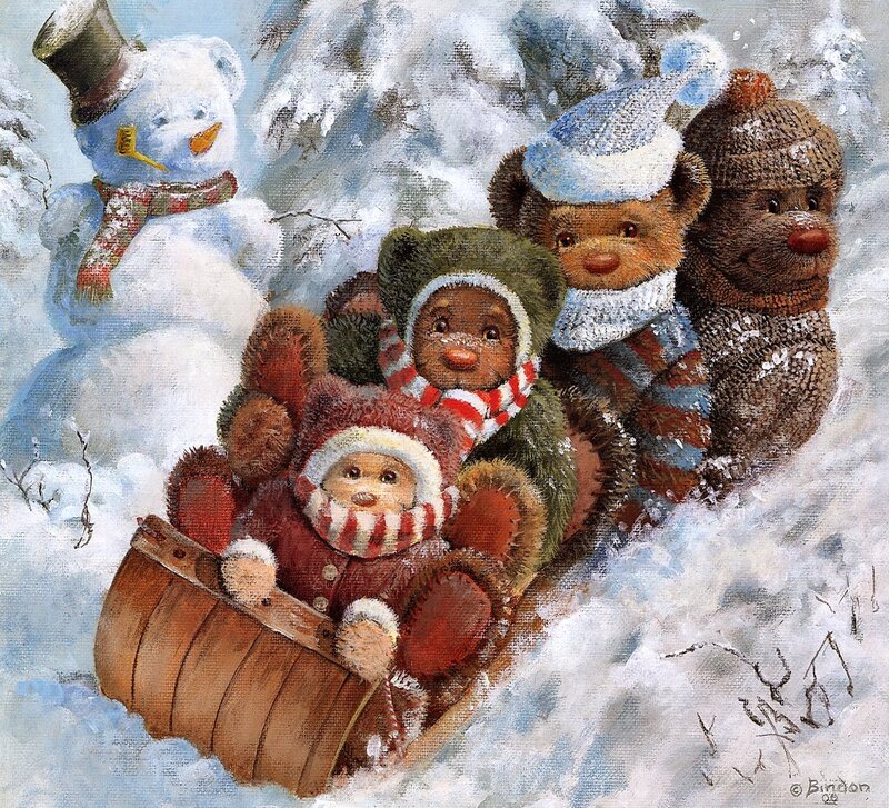 Bears Sledding in Snow