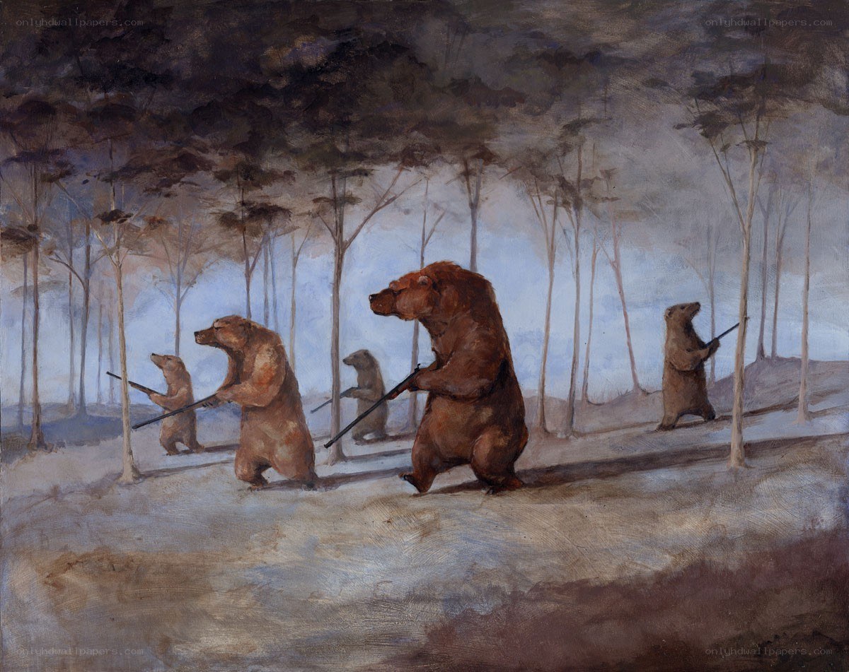 Bears with rifles in forest