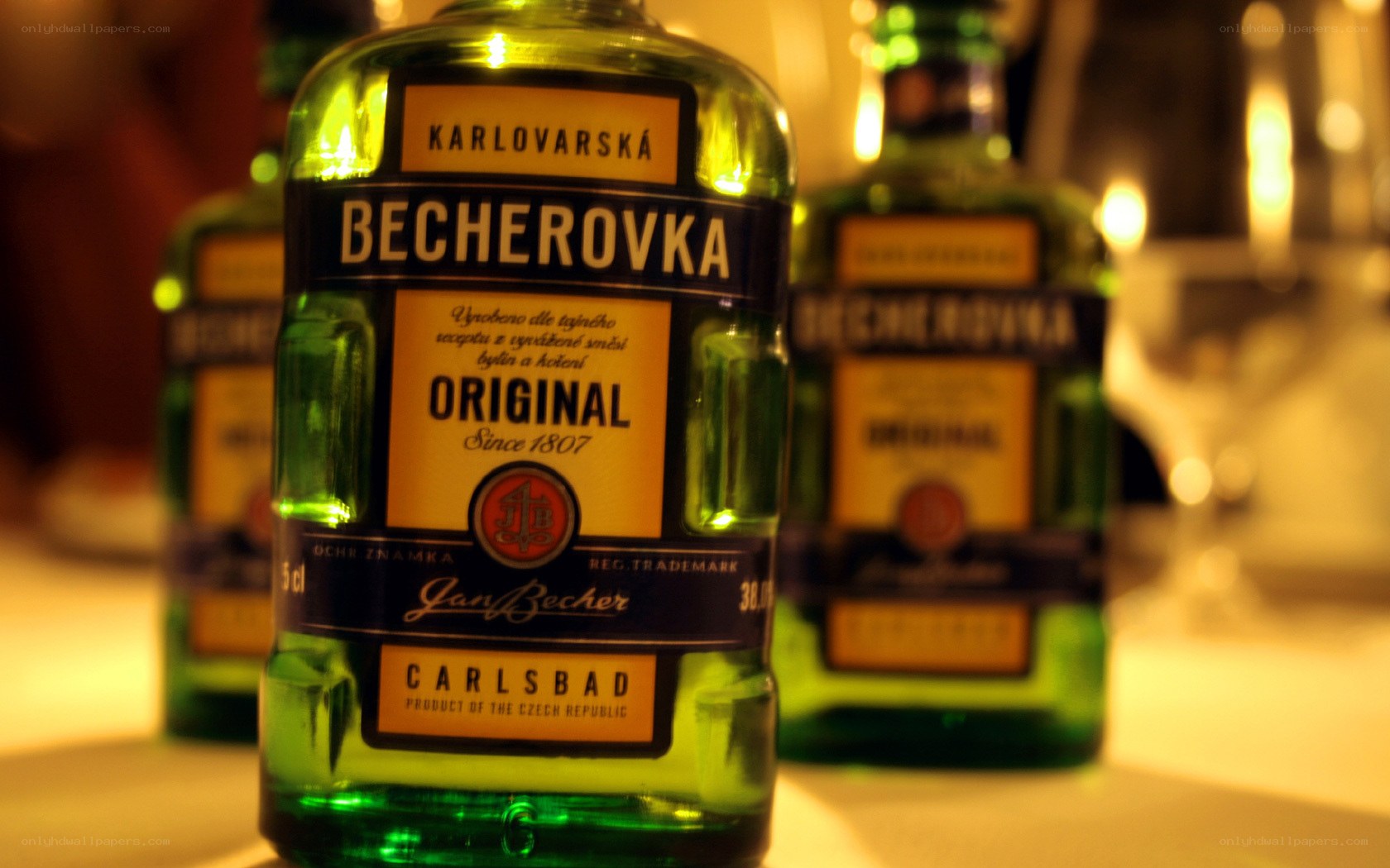 Becherovka bottle on table