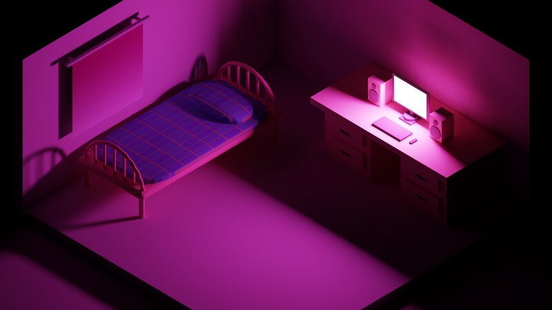 Bed and Desk in Room — Purple