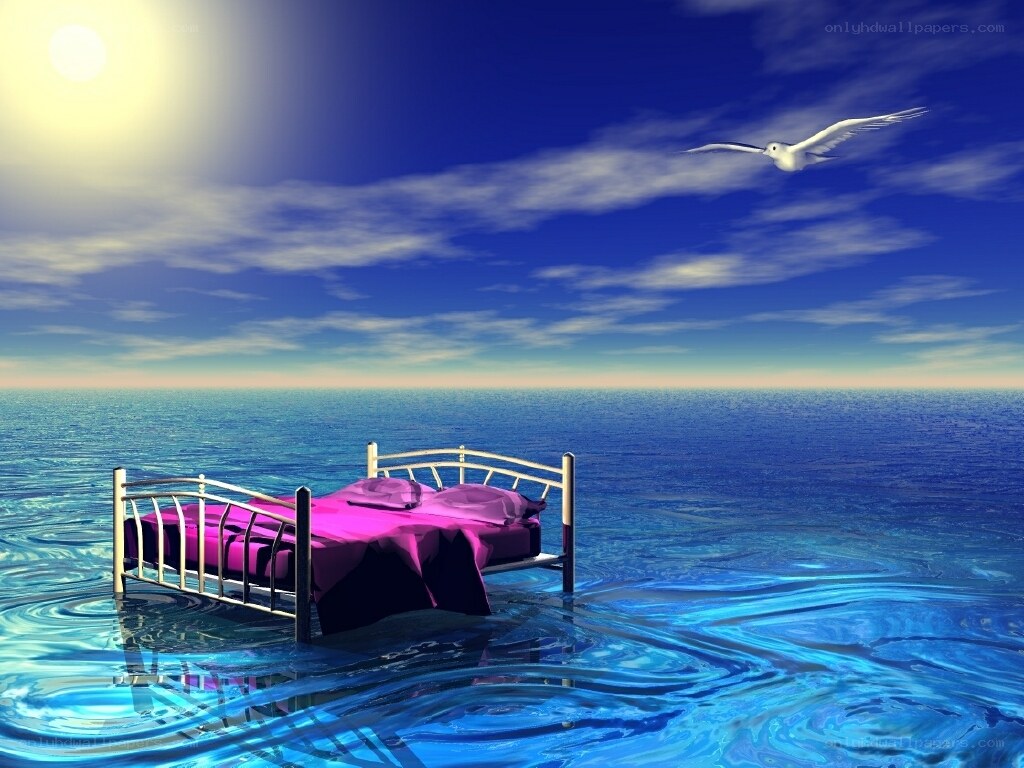 Bed floating on ocean